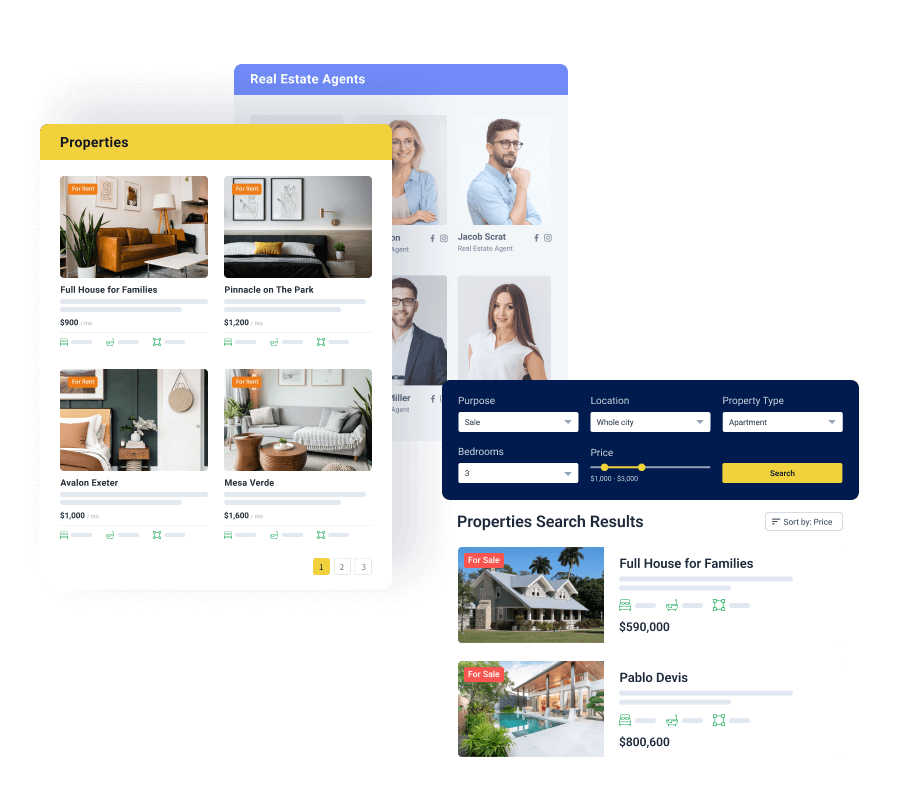 Real estate platform showing a property grid with photos and pricing, agent directory with profiles, and an advanced property search results page with filters for purpose, location, type, bedrooms, and price range.