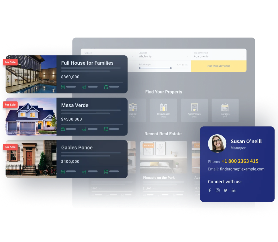 Real estate website showing property listing cards with photos, pricing, and search filters, alongside an agent profile card with contact details and social media links.