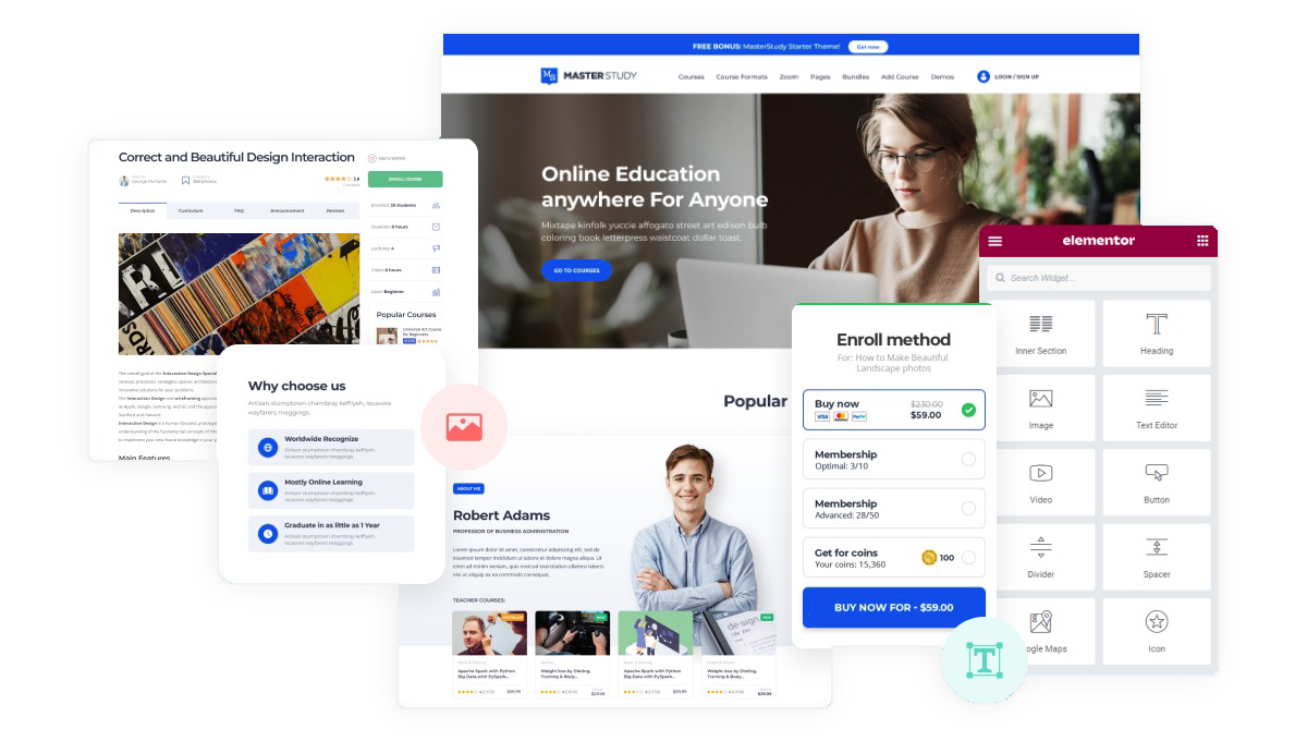 Examples of e-learning and educational website designs for schools, training centres, and online course platforms, showing colorful and engaging layouts.