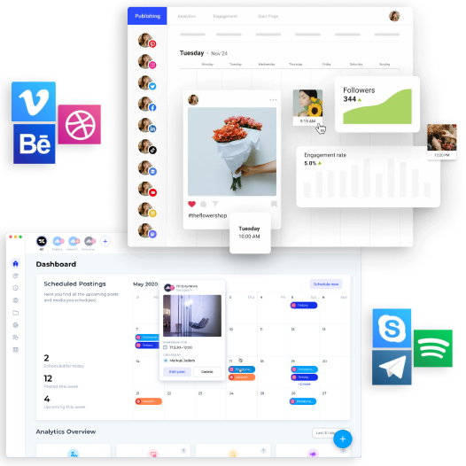 Social media management dashboard showing content scheduling calendar, scheduled posts with previews, analytics overview, and platform icons for Vimeo, Behance, Skype, Telegram, and other channels.