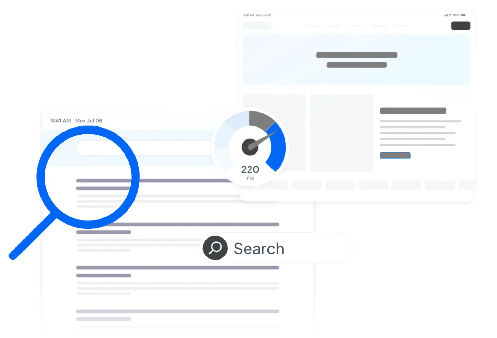Magnifying glass over a website search results page, with a performance score gauge showing 220 and a search bar, representing SEO analysis and website optimization tracking.